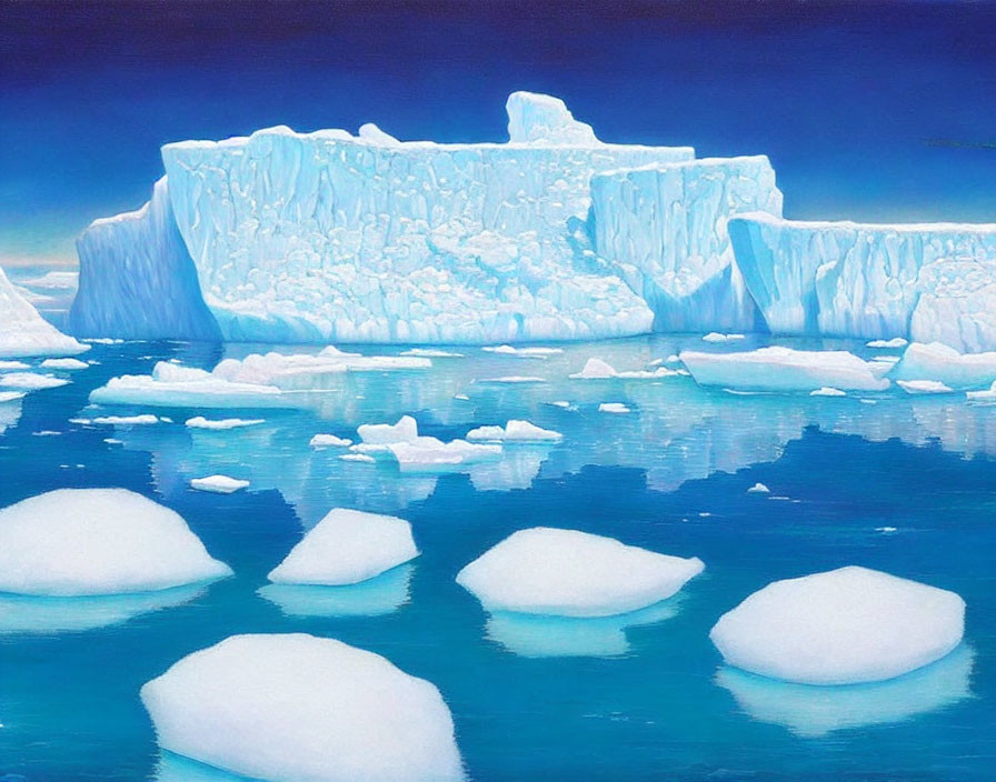 Tranquil painting of large iceberg in calm ocean at twilight