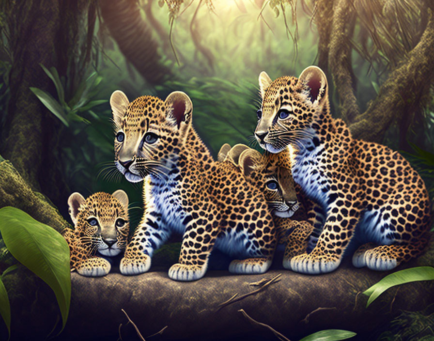 Leopard cubs on log in lush forest with sunlight rays