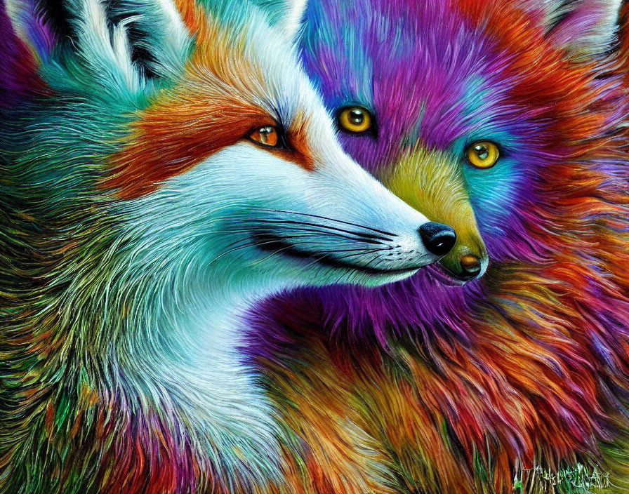 Colorful Artwork of Two Foxes with Rainbow Fur and Intricate Details