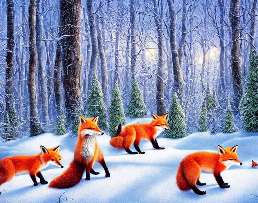 Vibrant red foxes in snowy forest with bare trees and evergreens