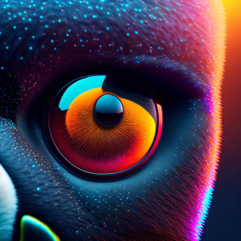 Close-Up of Animal's Multicolored Iris and Neon-Lit Fur