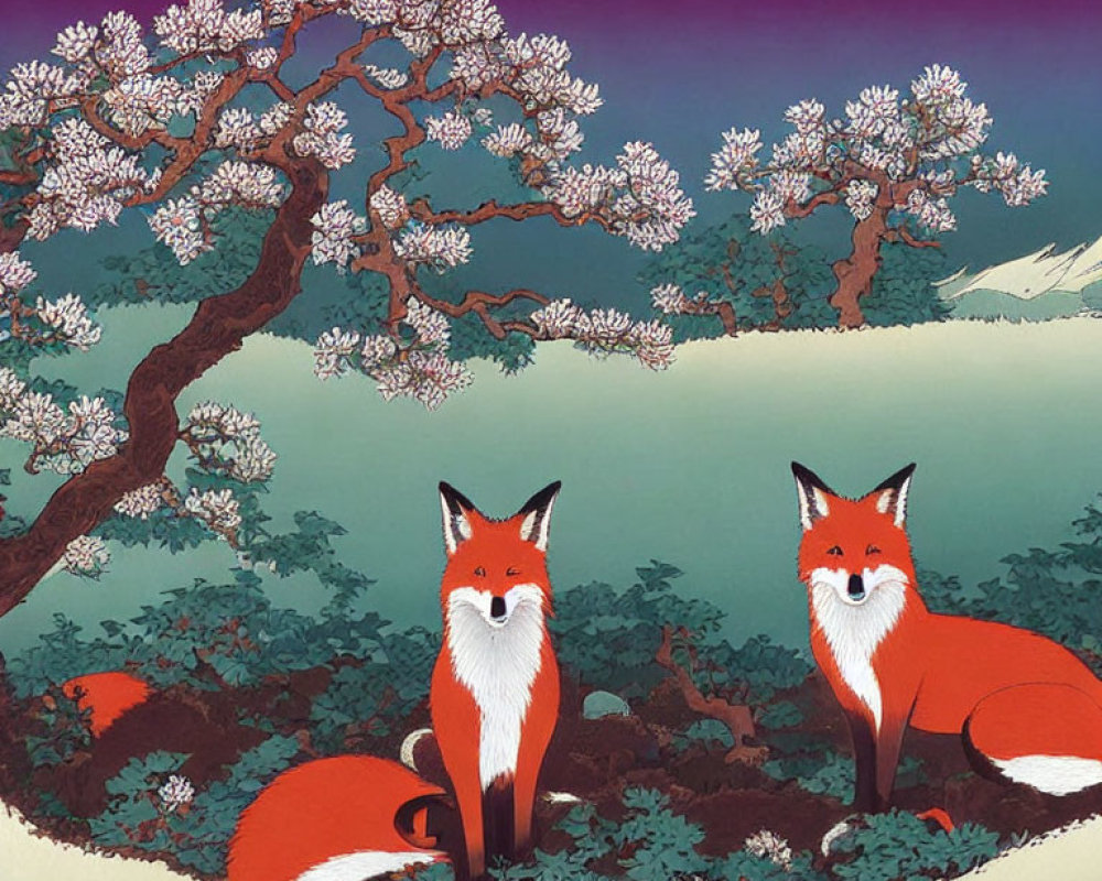 Stylized red foxes under cherry tree with gradient sky