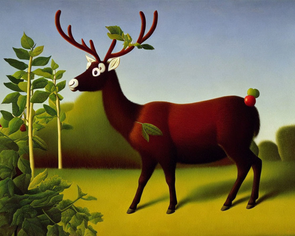 Stylized red deer illustration with exaggerated eyes and green plant on green and blue background