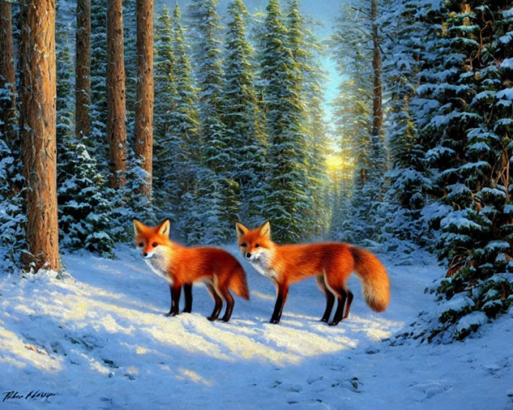 Snowy forest scene: Two foxes under sunlight in pine trees