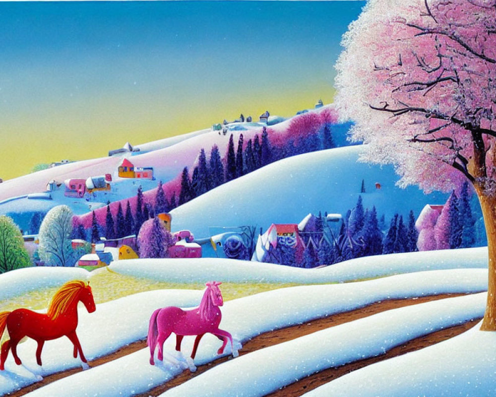 Colorful painting of two horses in snowy landscape with vibrant houses and pink tree