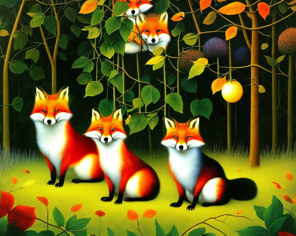 Stylized foxes in vibrant forest with green leaves & colorful fruits