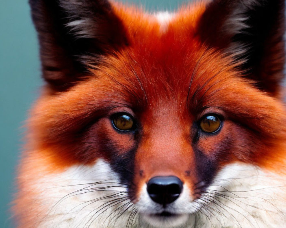 Red Fox Close-Up: Sharp Gaze, Vibrant Red Fur, White Chin, Teal Background