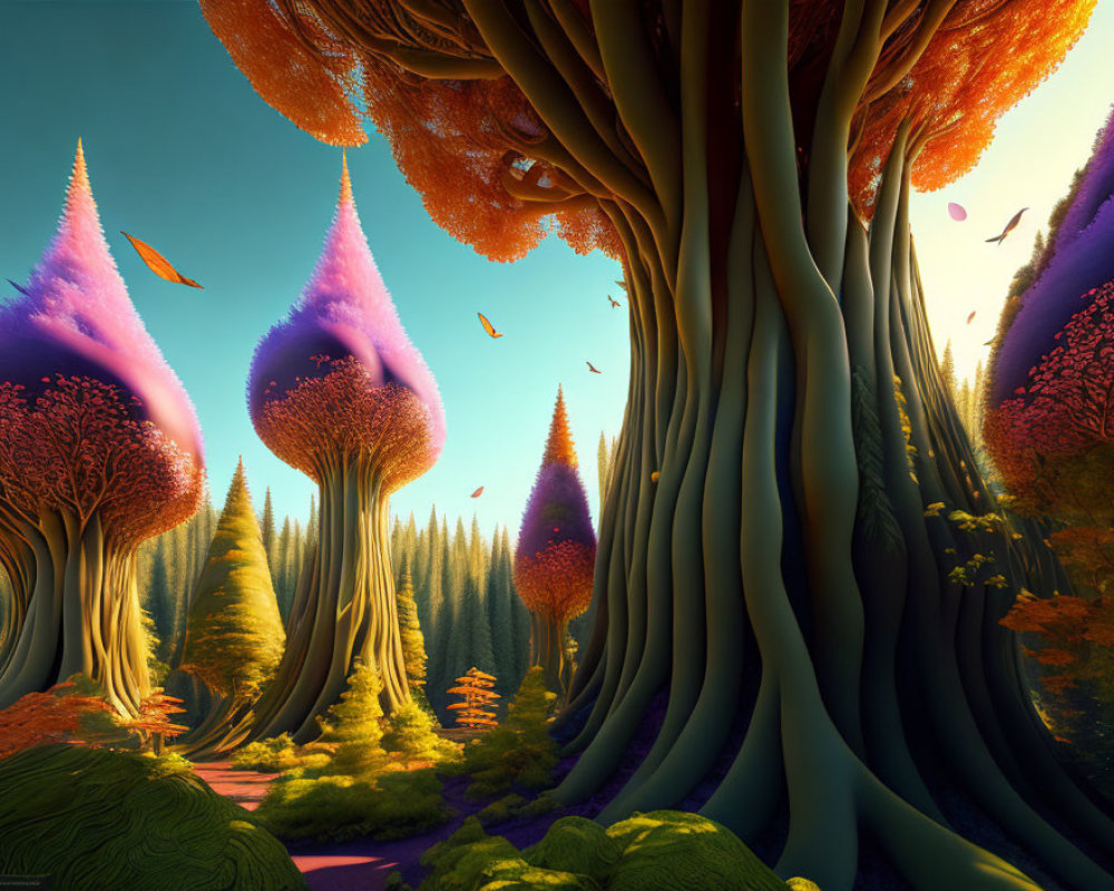 Vibrant forest scene with towering trees and flying creatures