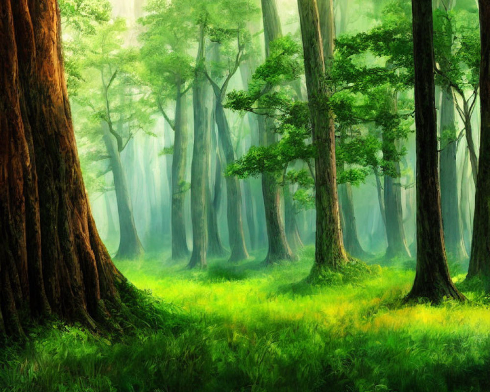 Lush forest landscape with towering trees and sunlight filtering through mist