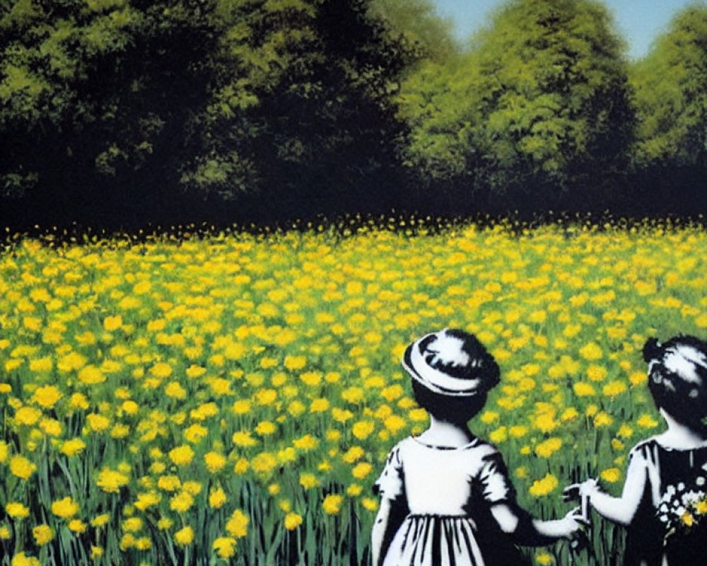 Silhouetted children holding hands in yellow flower field