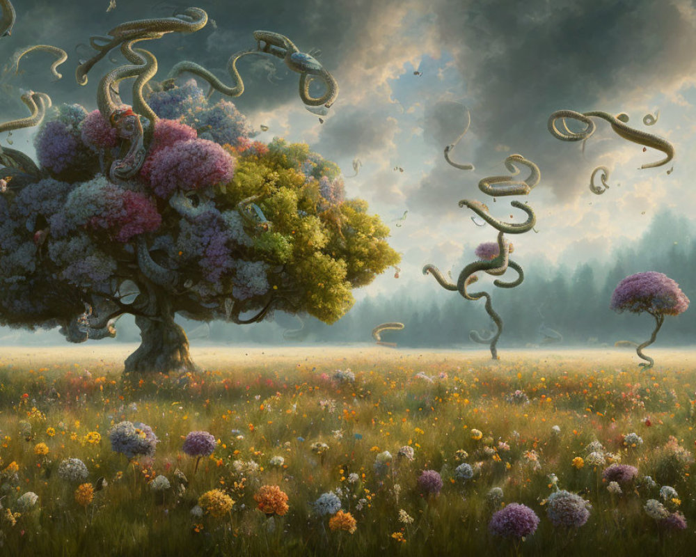 Colorful blooming tree painting in whimsical meadow scene