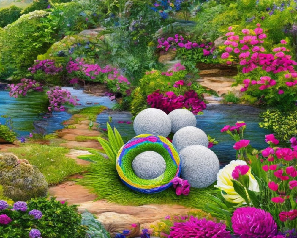 Colorful digital artwork of a fantastical garden with flowers, eggs, and a stream