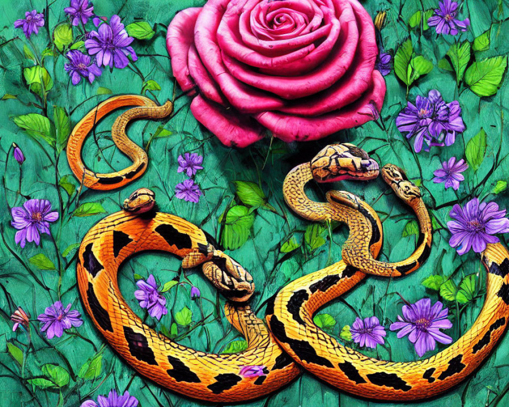 Two snakes and pink rose in purple flower setting on green background