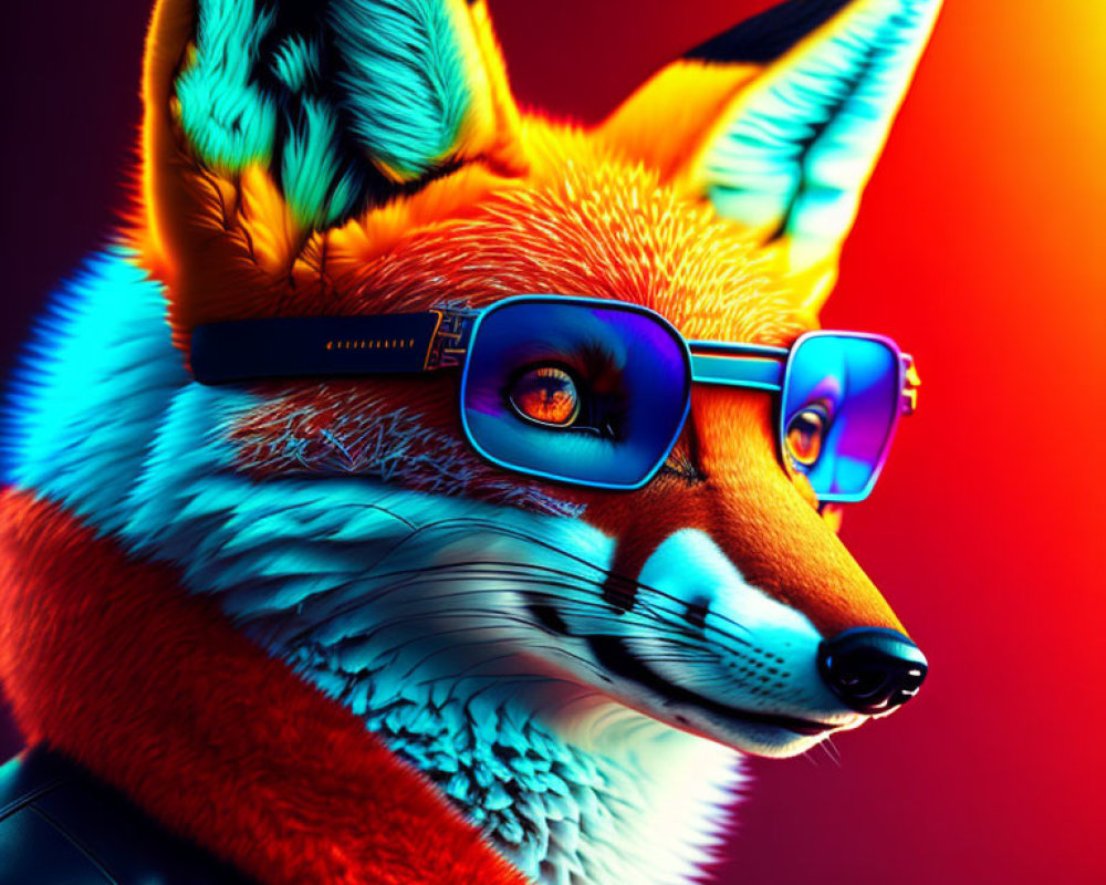 Colorful Fox Illustration in Sunglasses and Leather Jacket on Gradient Background