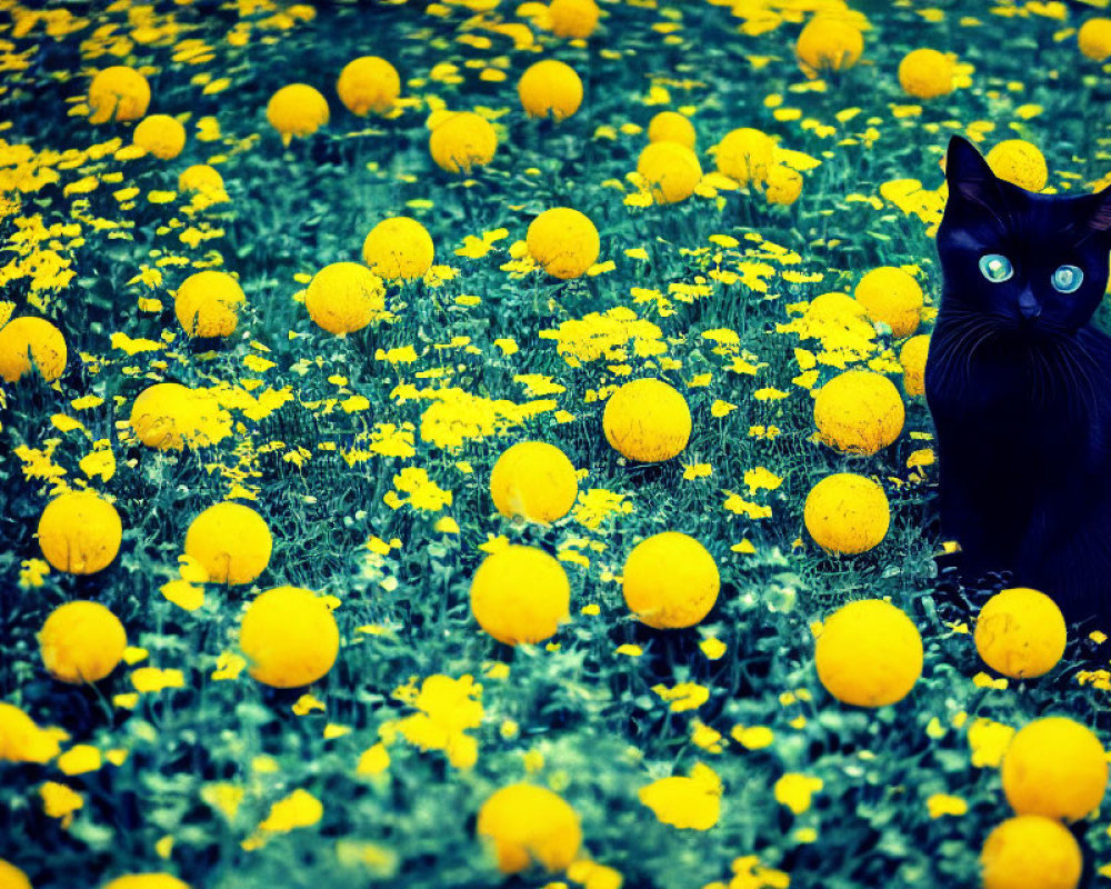 Black cat with green eyes among yellow marigolds in vibrant scene