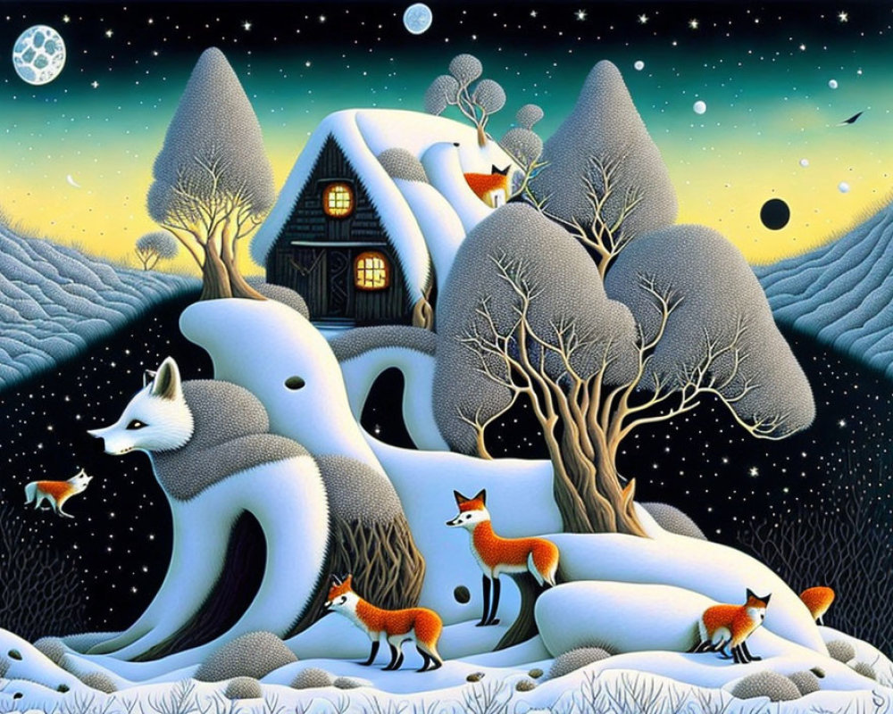 Winter night painting with foxes, cottage, snow hills, stars