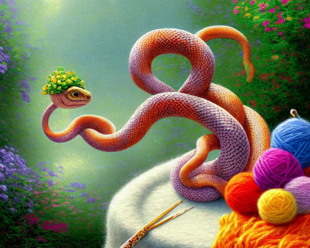 Snake with Flower Hat Slithers Over Sheep and Yarn on Floral Background