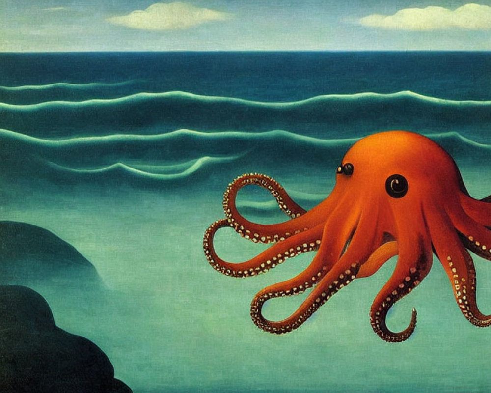 Orange octopus with long tentacles in calm blue ocean