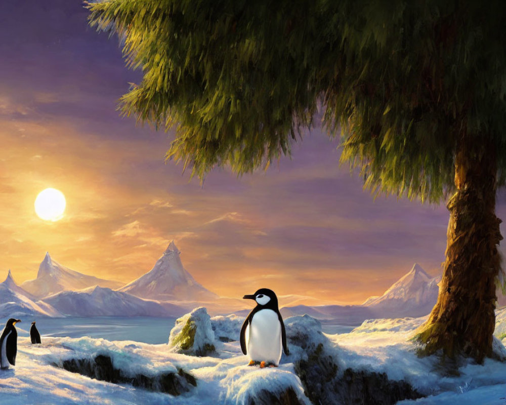 Penguins in snow at sunset with tree and mountains