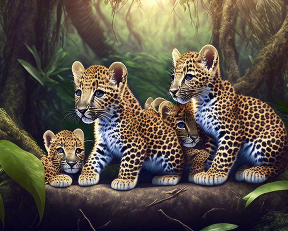 Leopard cubs on log in lush forest with sunlight rays