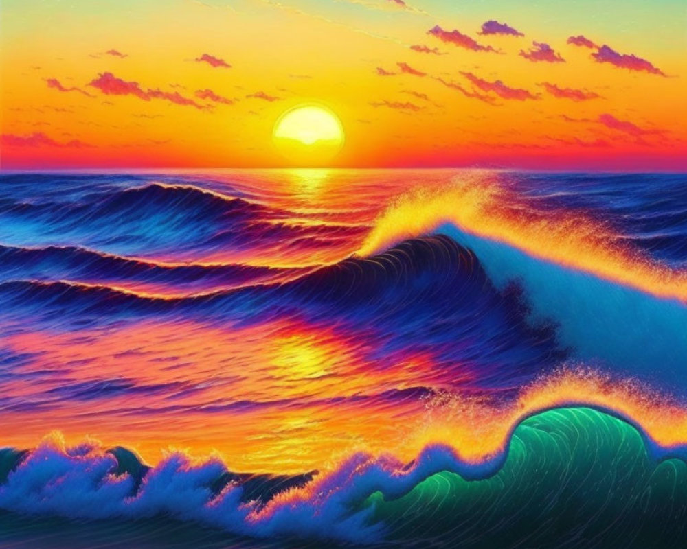 Scenic ocean sunset with vibrant blues and oranges reflected in the waves