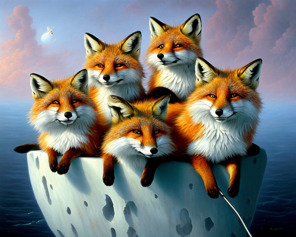 Five Foxes on Floating Rock with Serene Sea and Sky Background