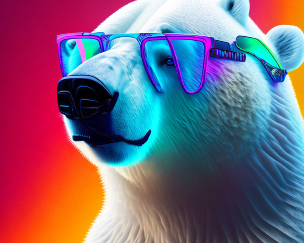 Colorful Neon Outlined Polar Bear with Sunglasses on Gradient Background