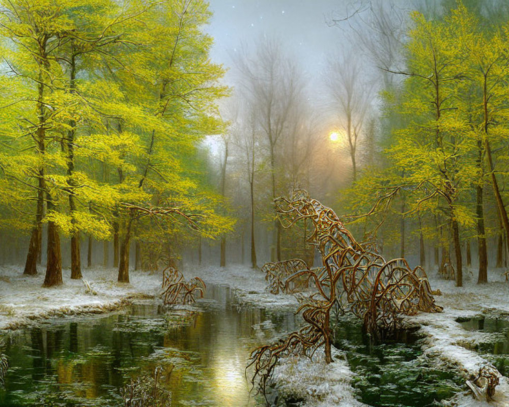 Tranquil forest scene with mist, green trees, serene water, and snow remnants