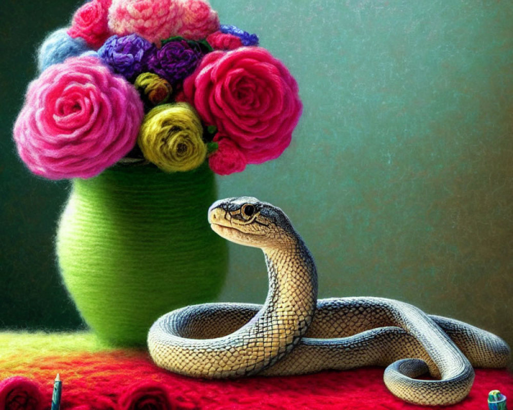 Coiled snake with green vase and knitted flowers on textured background