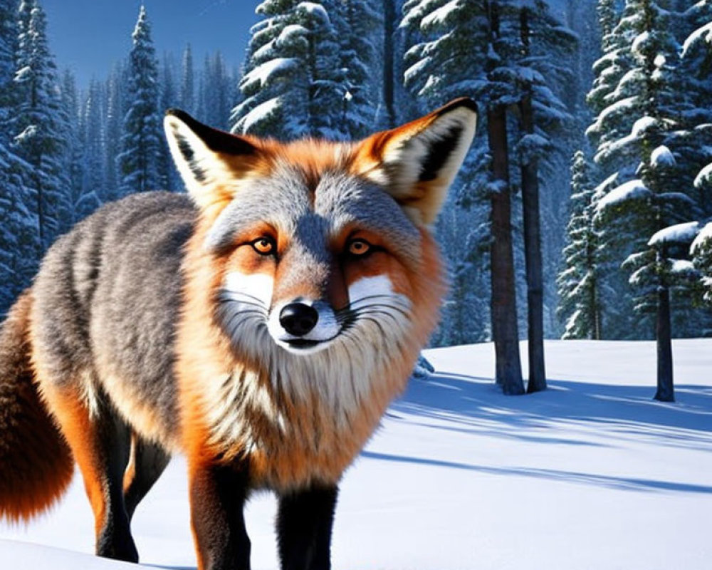 Vivid Orange Fox in Snowy Forest with Pine Trees & Blue Sky