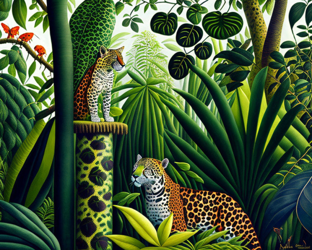 Vibrant jungle scene: two leopards amidst lush greenery