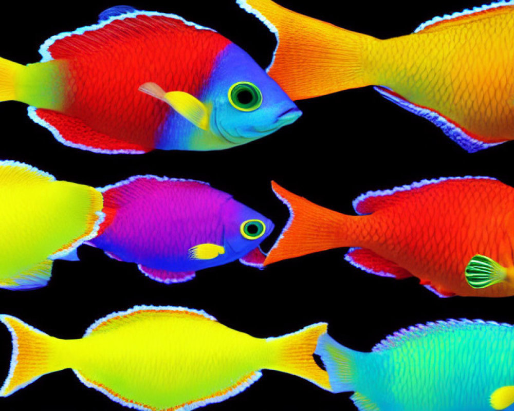 Vibrant Tropical Fish in Blue, Red, Yellow, and Purple on Black Background