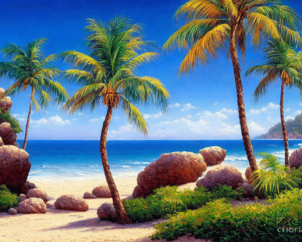 Tropical Beach Scene with Palm Trees and Rock Formations