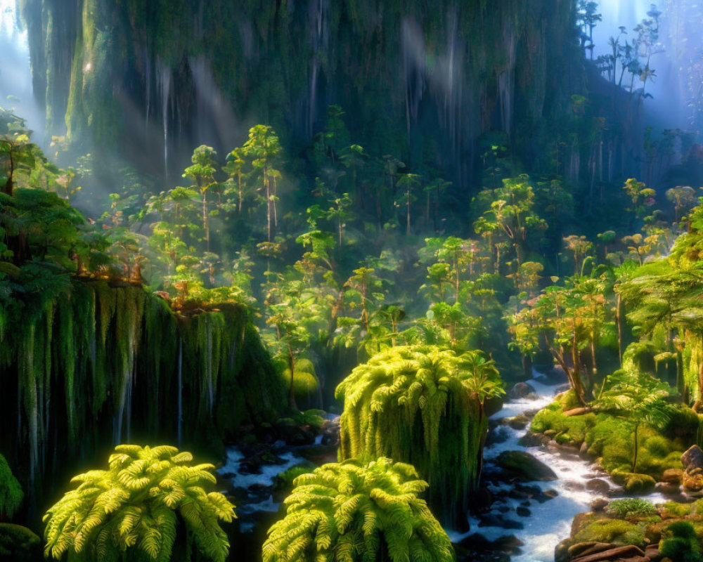 Sunlit Forest with Waterfalls, Stream, and Moss-Covered Rocks