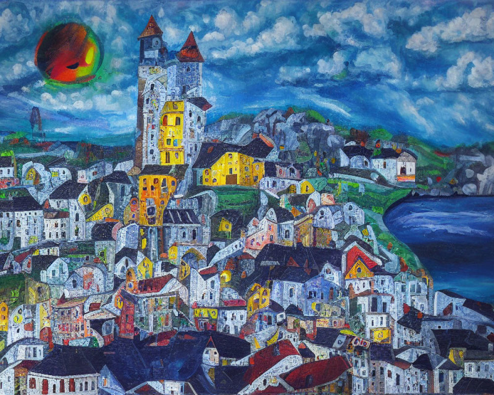 Colorful village by the sea under dynamic sky with red moon/sun