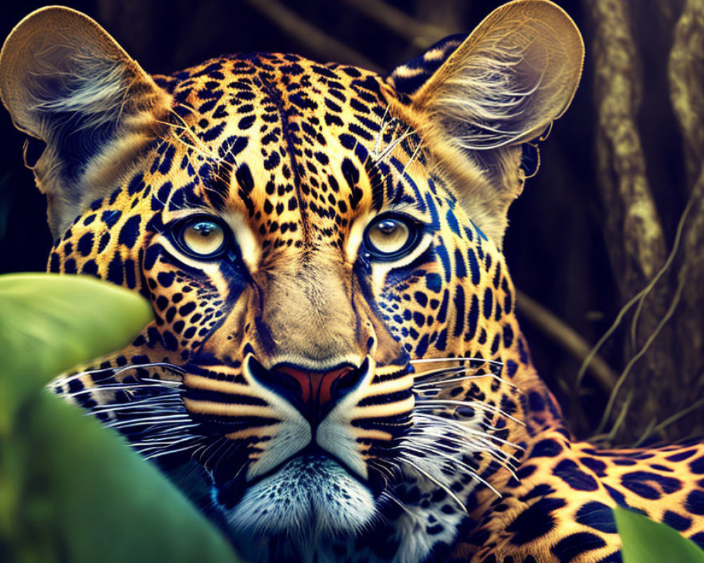 Majestic jaguar with yellow eyes and spotted fur in lush greenery