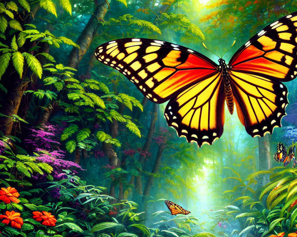 Colorful Monarch Butterfly in Vibrant Forest Scene