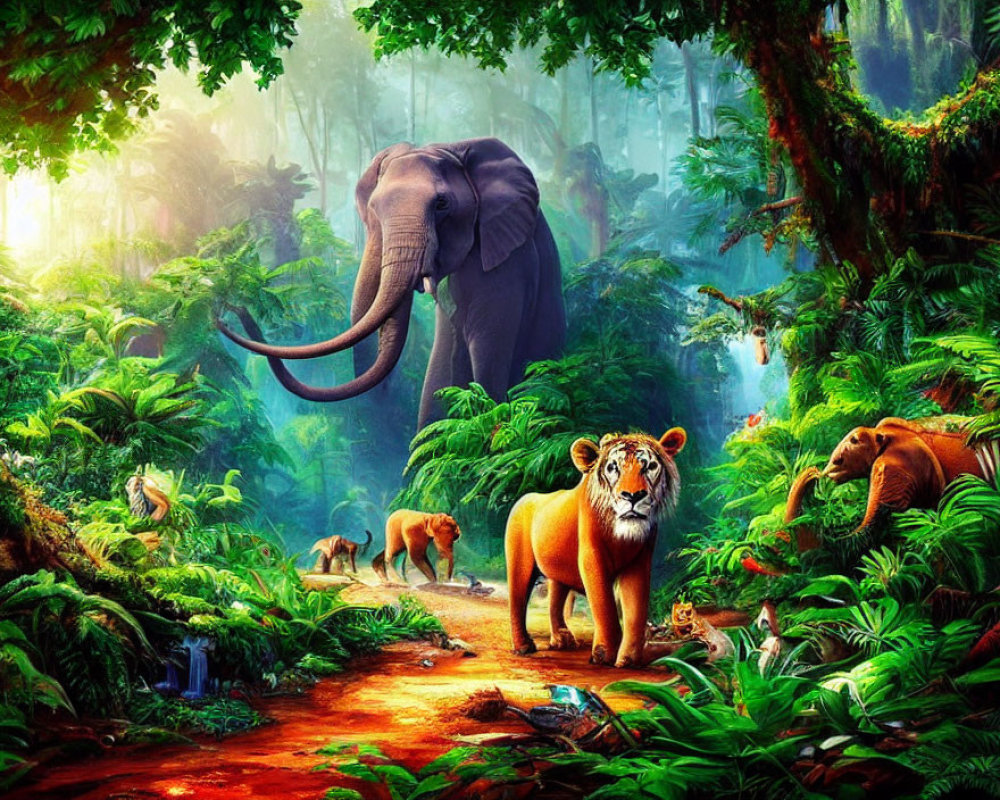 Elephant, tiger with cubs, and monkeys in lush jungle scene