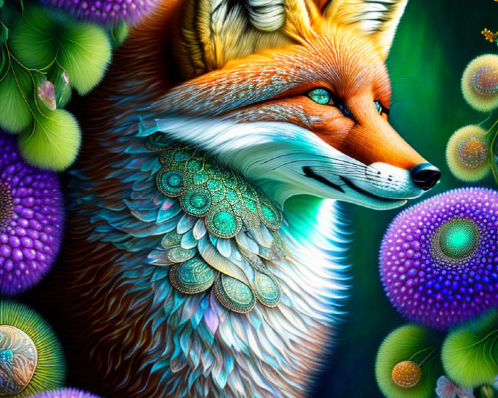 Colorful Fox Surrounded by Stylized Flora and Patterns