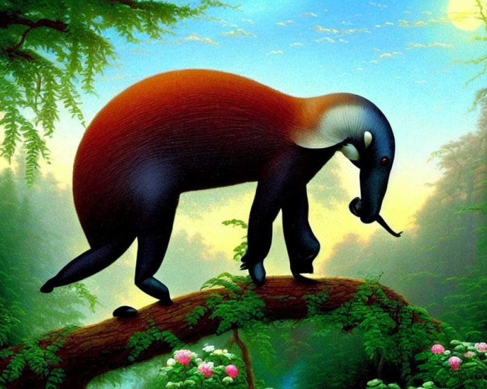 Anteater Walking on Tree Branch in Lush Green Forest