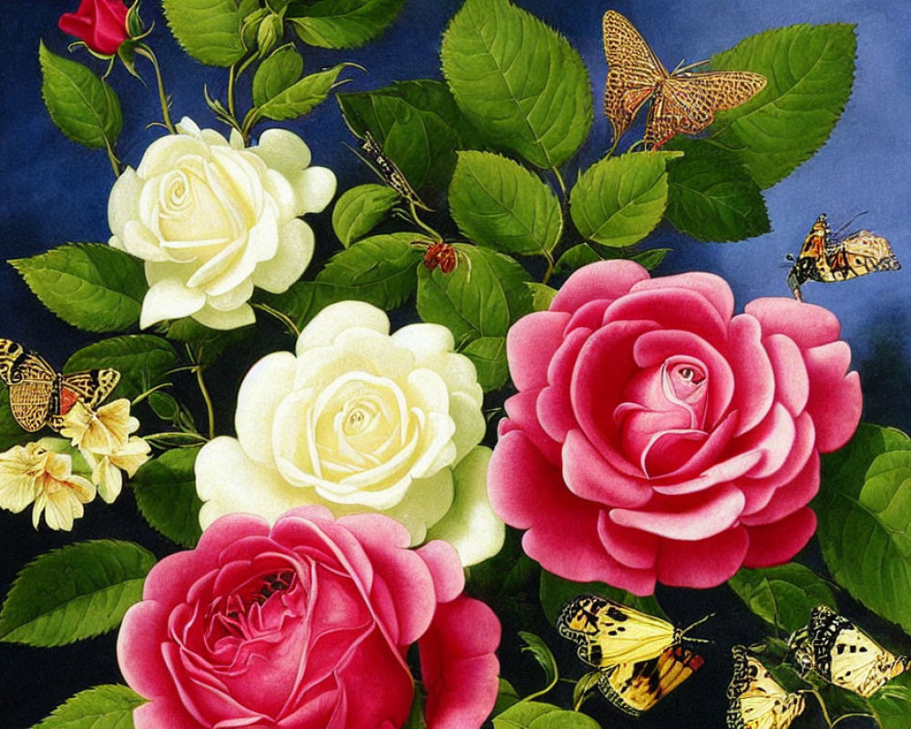 Colorful roses, butterflies, and green leaves on blue background