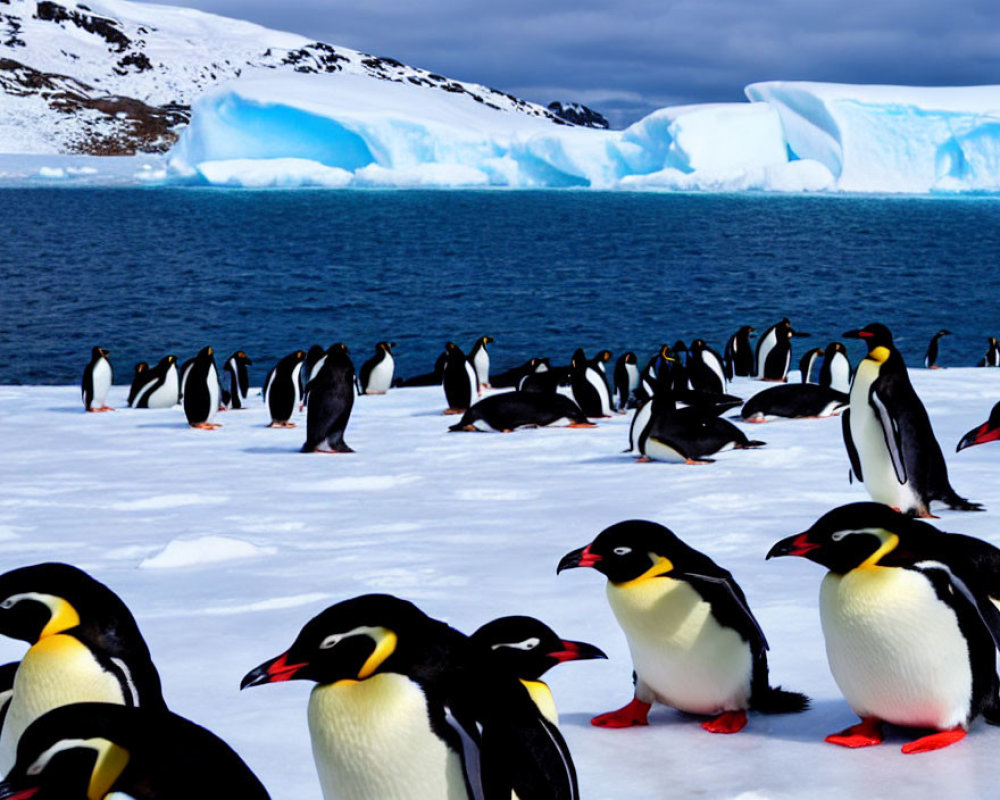 Group of penguins on snow with icebergs and cloudy sky