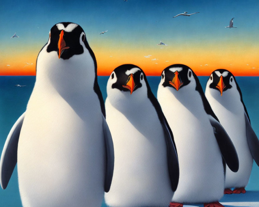 Four Cartoon Penguins with Expressive Faces Against Ocean Sunset