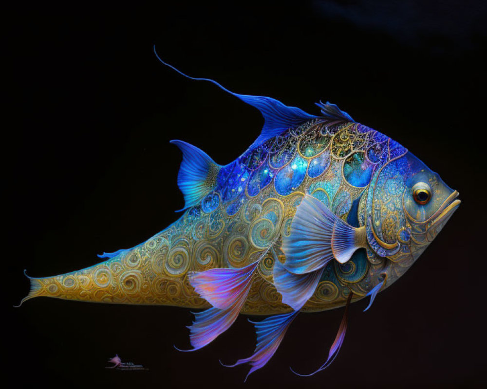 Ornate Fantastical Fish Illustration in Vibrant Blue and Gold Colors