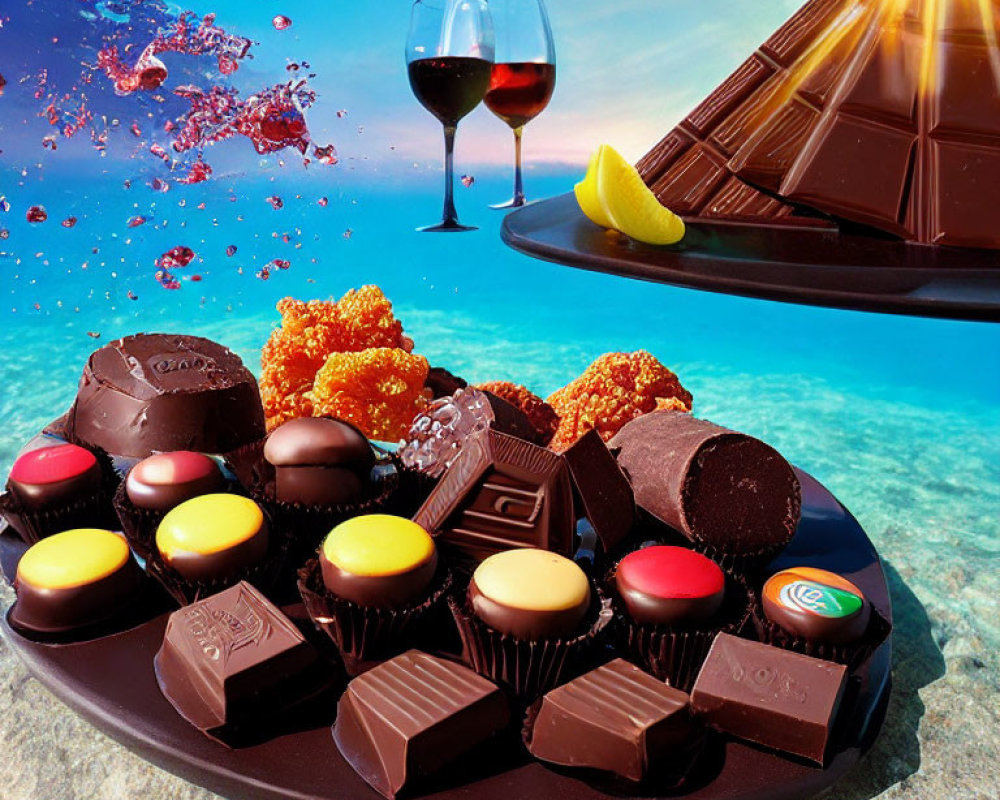 Assorted Chocolates and Wine Glasses on Plate with Underwater Coral Reef Background