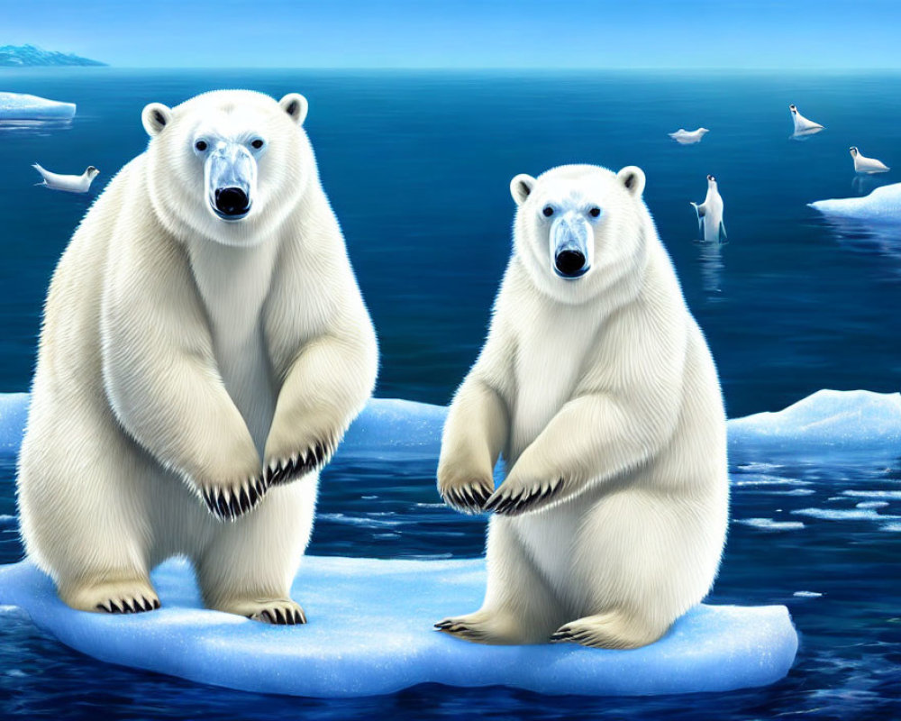 Polar bears on iceberg with flying seagulls in serene blue seascape