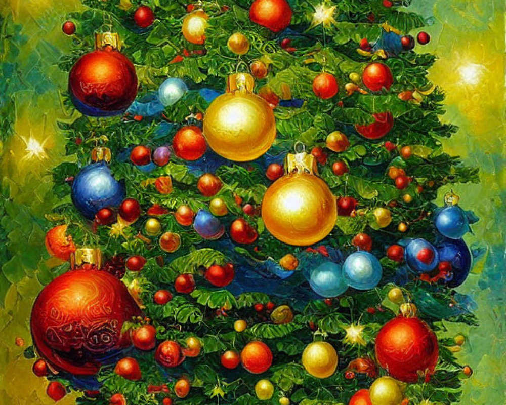 Colorful Christmas Tree with Baubles and Lights on Warm Background