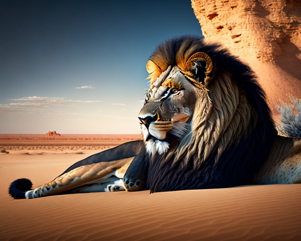 Majestic lion on sandy desert dune with rocky formations - serene scene