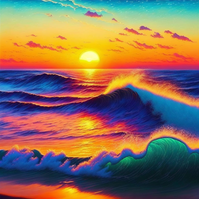 Scenic ocean sunset with vibrant blues and oranges reflected in the waves