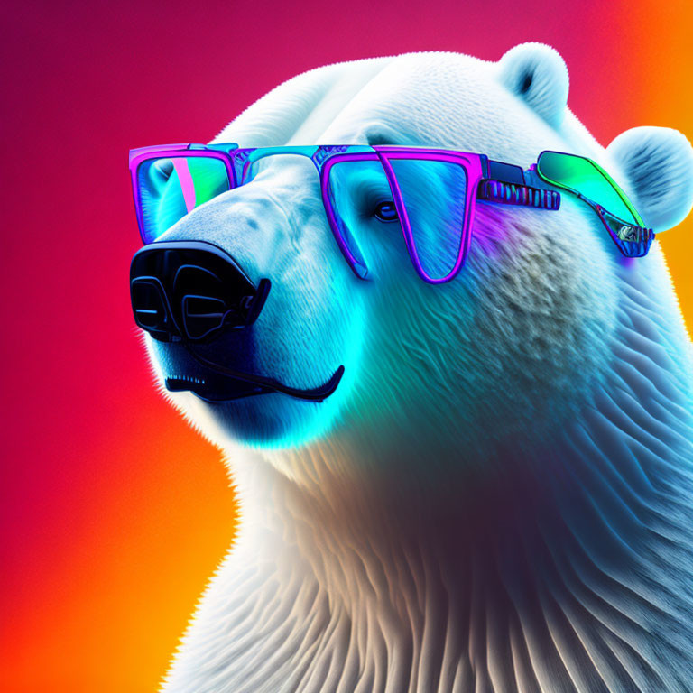 Colorful Neon Outlined Polar Bear with Sunglasses on Gradient Background